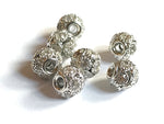 10 x 8mm Brass Round Rhinestone Spacer Beads in Silver Colour