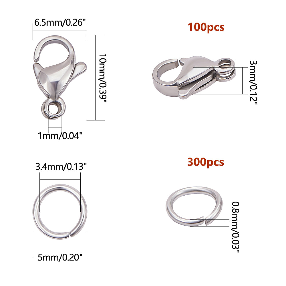 304 Stainless Steel Lobster Claw Clasps with Open Jump Rings