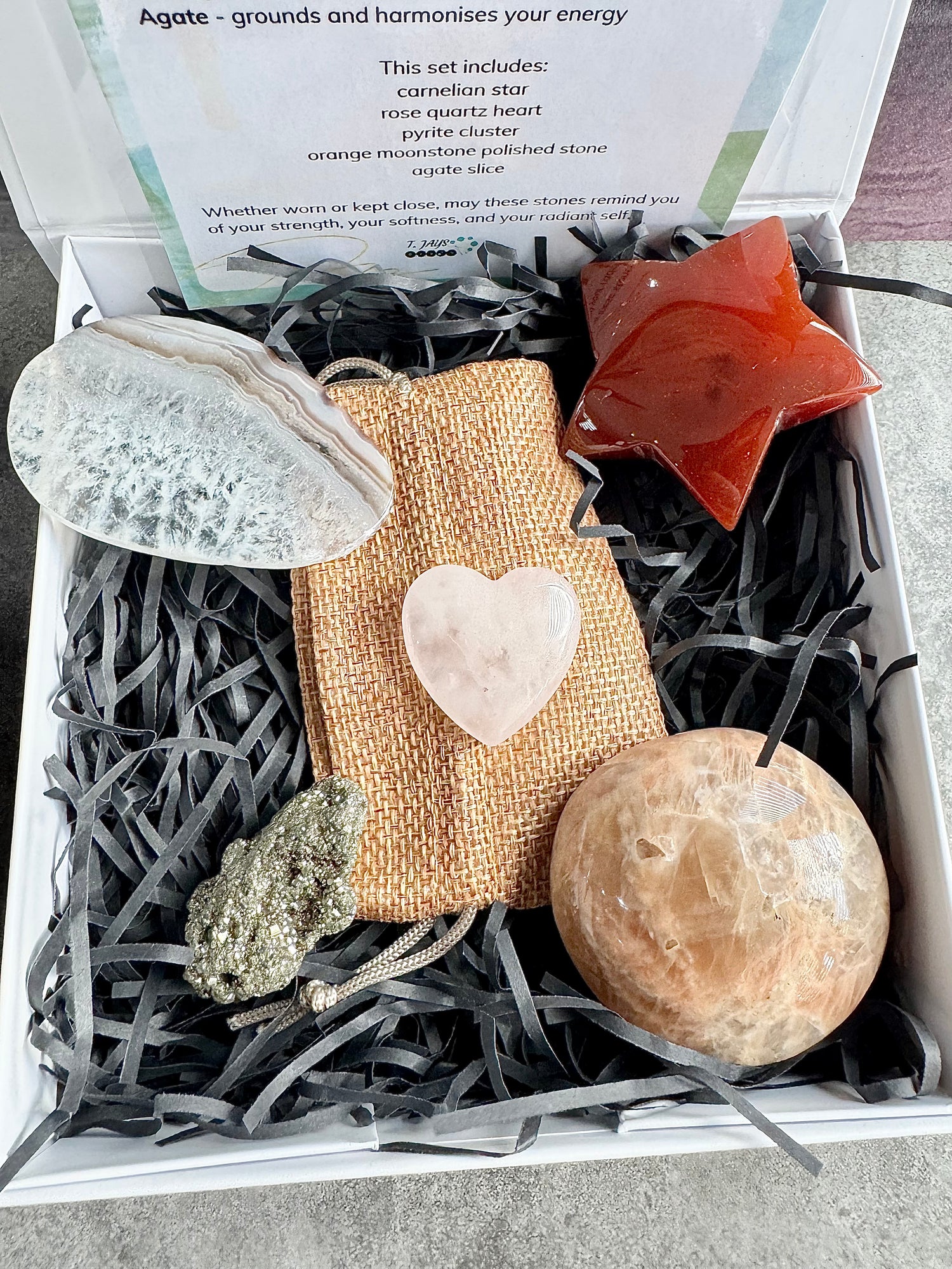 Rooted Radiance: Carnelian, Orange Moonstone, Pyrite, Rose Quartz, Agate | Gemstone Gift Set | Healing Gemstones Crystals