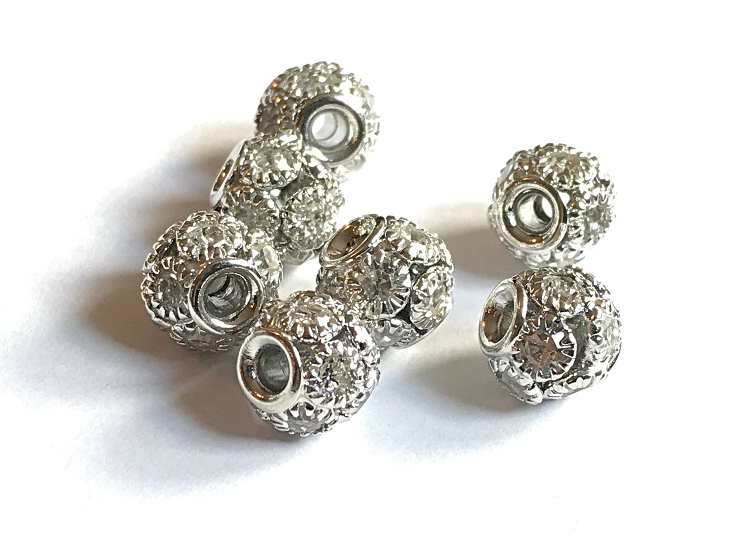 10 x 8mm Brass Round Rhinestone Spacer Beads in Silver Colour