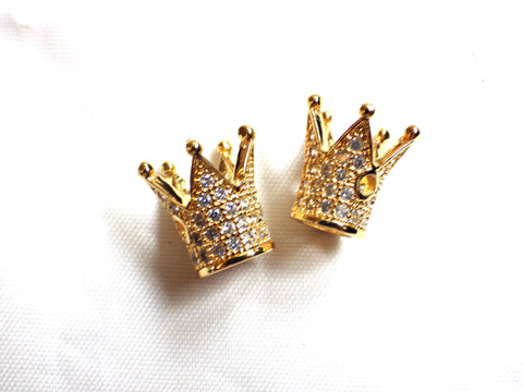 2 x Brass Micro Pave Cubic Zirconia Crown Beads 12.2 x 10.3mm GOLDEN