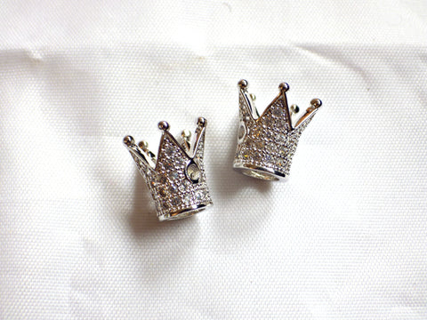 2 x Brass Micro Pave Cubic Zirconia Crown Beads 12.2 x 10.3mm PLATINUM